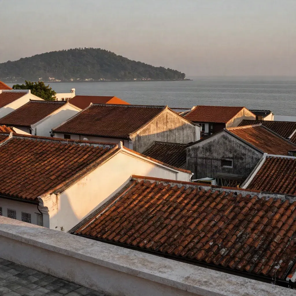 Pemandangan atas bumbung George Town dengan siluet Bukit Bendera pada cahaya senja berkabus.