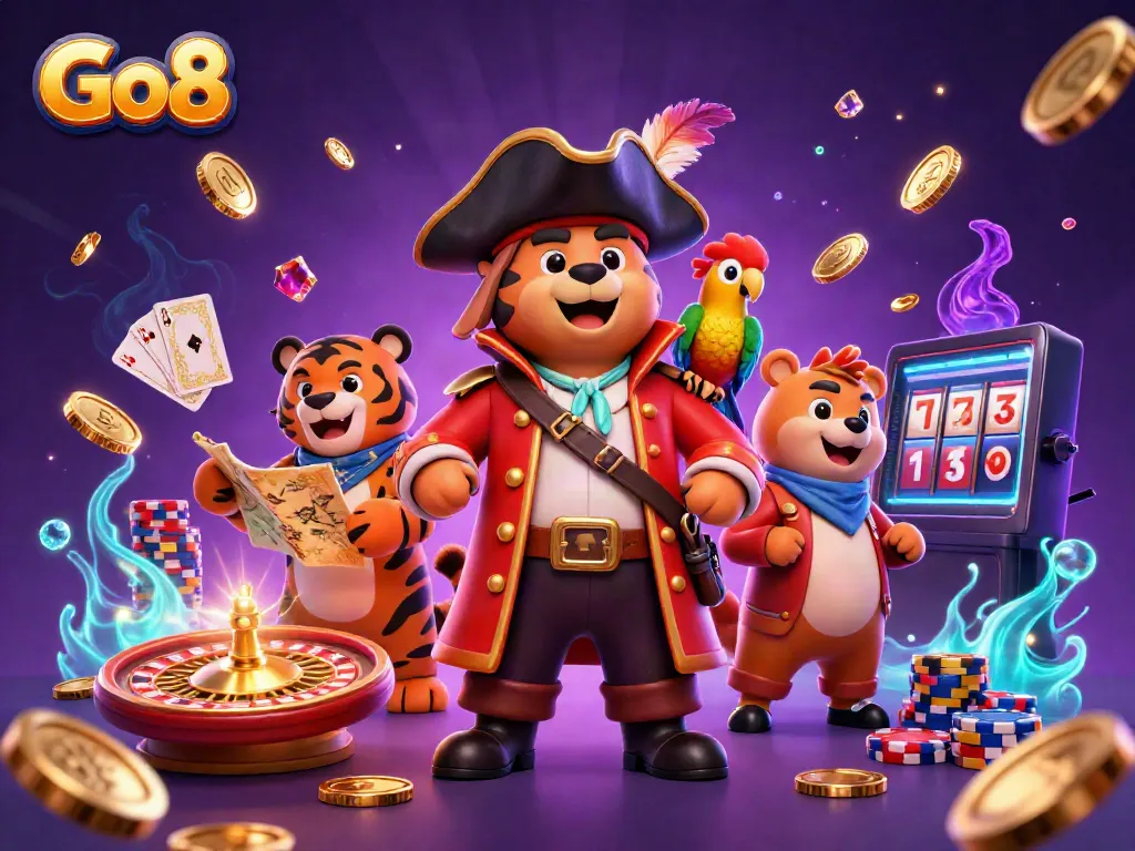 Experience the thrill of Go8's vibrant casino scene with characters amidst flying coins and sparkling gems.