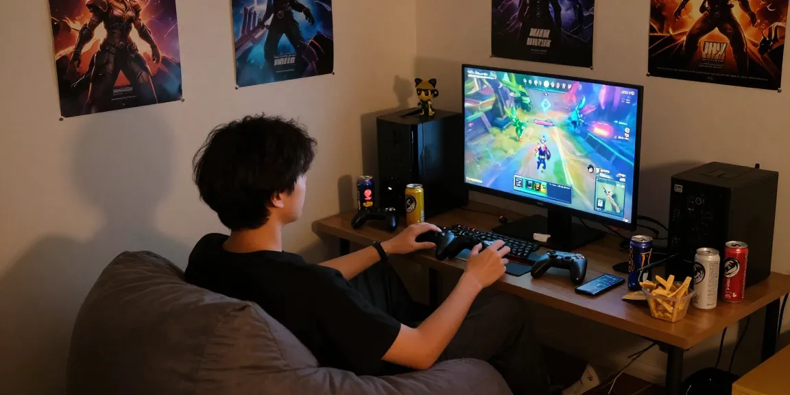 Engaging NSFW game scene featuring a player immersed in colorful gameplay, cozy ambiance.