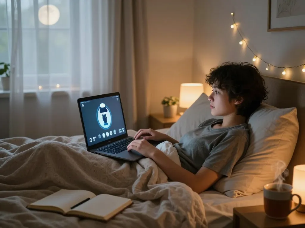 Engaging in ai sex chat on a laptop in a cozy bedroom setting with warm lighting.