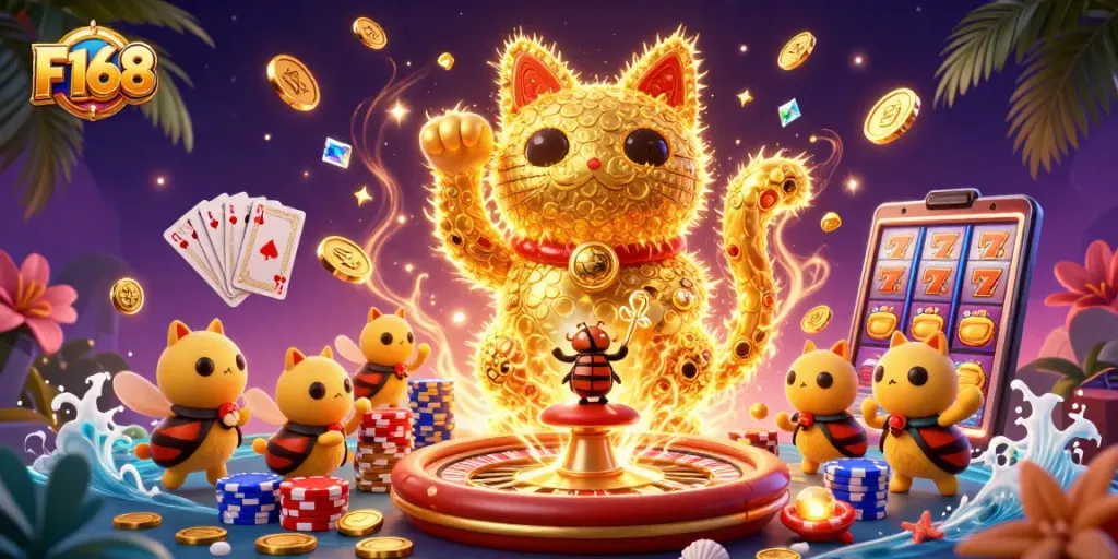 Experience F168's vibrant casino world with a lucky cat, fireflies, and casino elements.