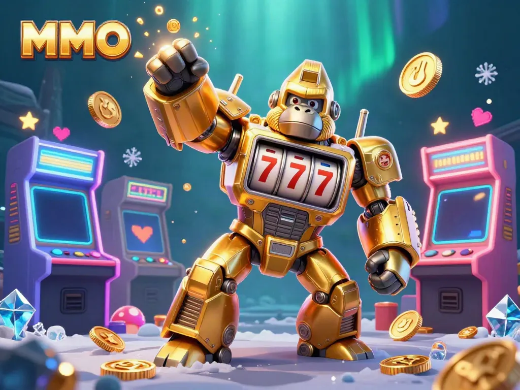Engage with MMOO's vibrant gaming world showcased in a dynamic, colorful 3D illustration featuring a golden gorilla mech.