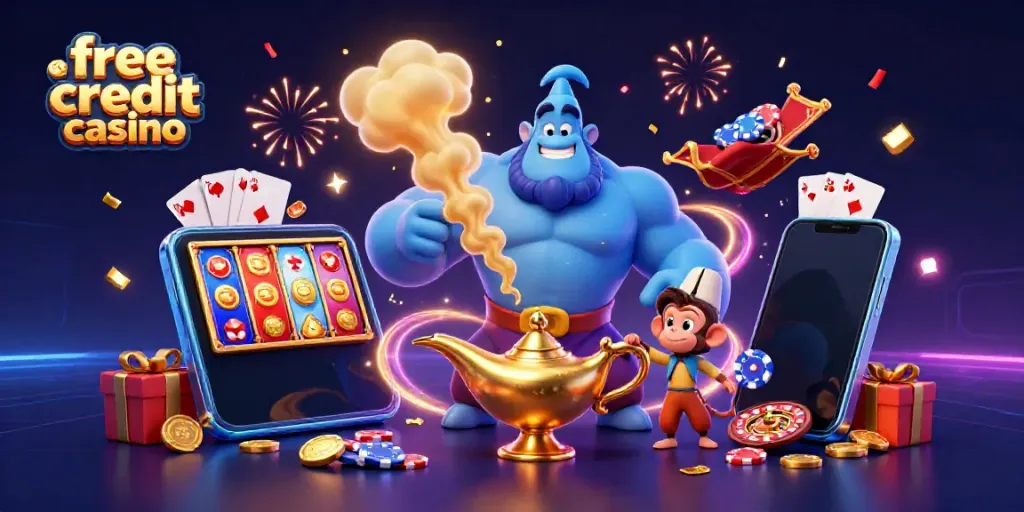 Engage in thrilling fun at a free credit casino with a genie, monkey, and magic carpet showcasing exciting games.