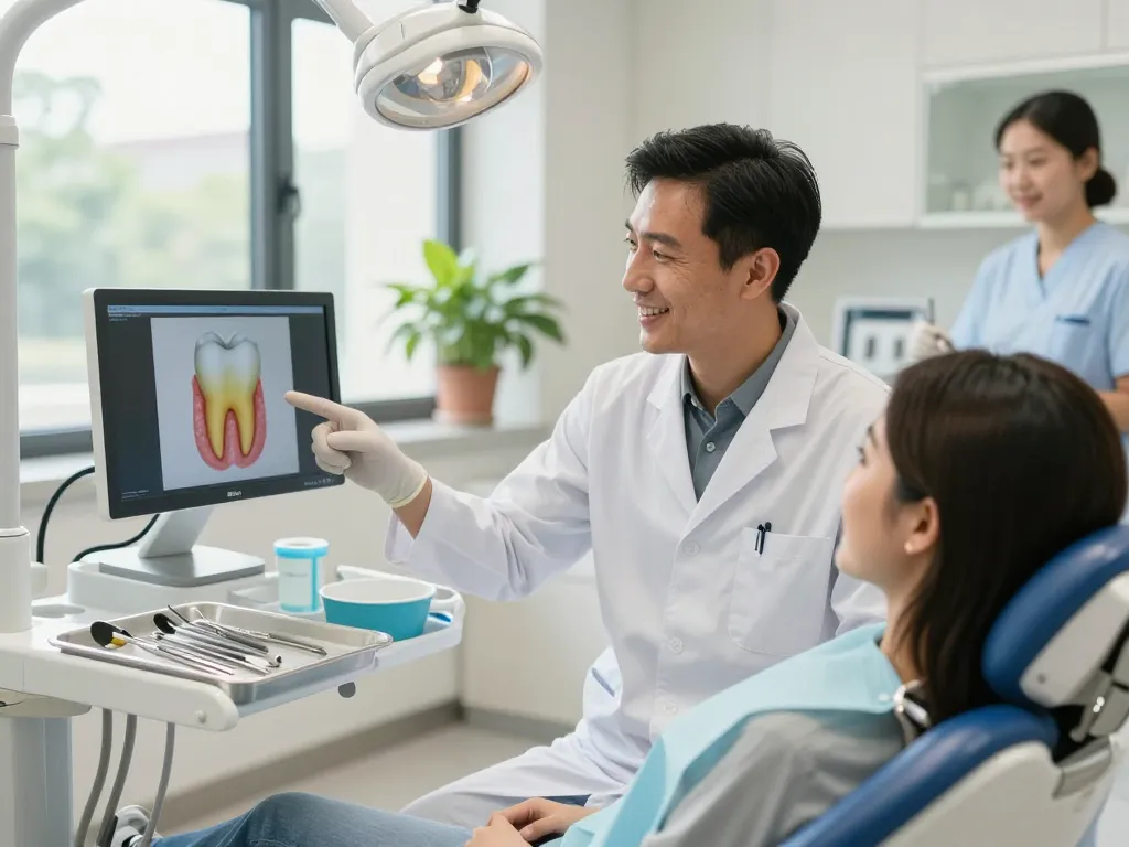 Friendly dentist explaining treatment to a patient; dentist near me