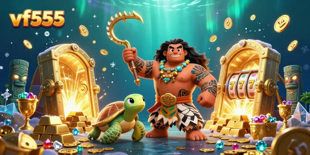 Experience thrilling wins with vf555's vibrant online casino scene, showcasing a Maui-style demigod hawk with treasures.