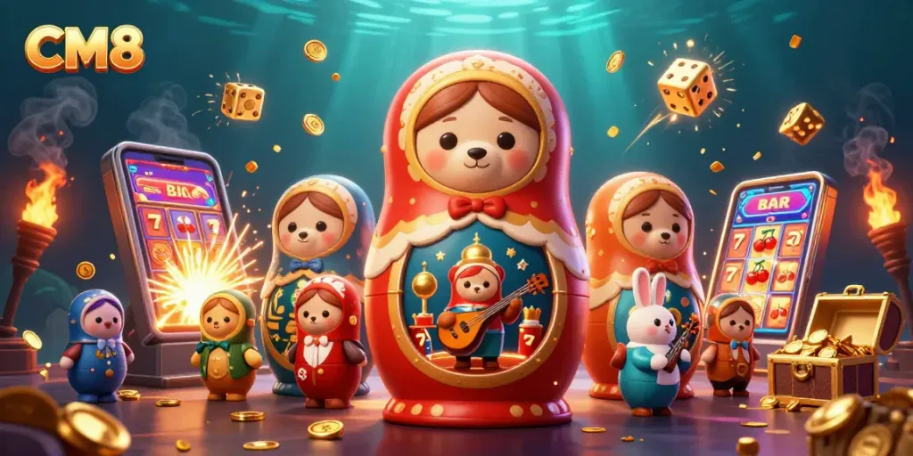Engage with CM8's vibrant 3D casino scene featuring the Matryoshka bear and colorful gaming elements.