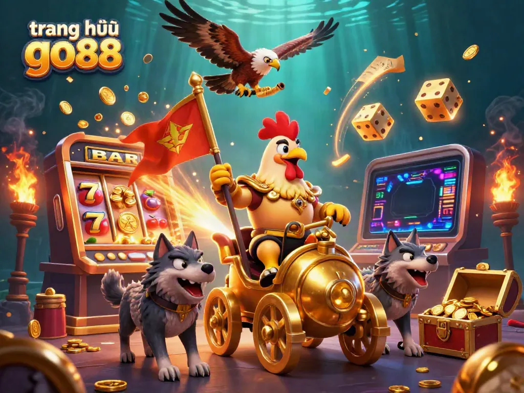 Experience the excitement of trang chủ go88 with a dynamic scene featuring a rooster warlord and casino elements.