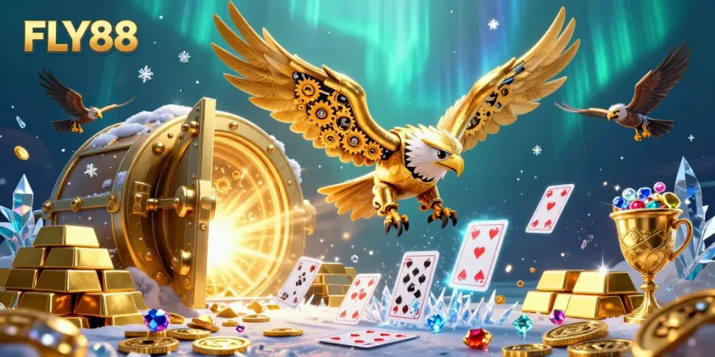 FLY88 showcases an immersive casino scene featuring a cybernetic eagle amidst dazzling treasures and playing cards.