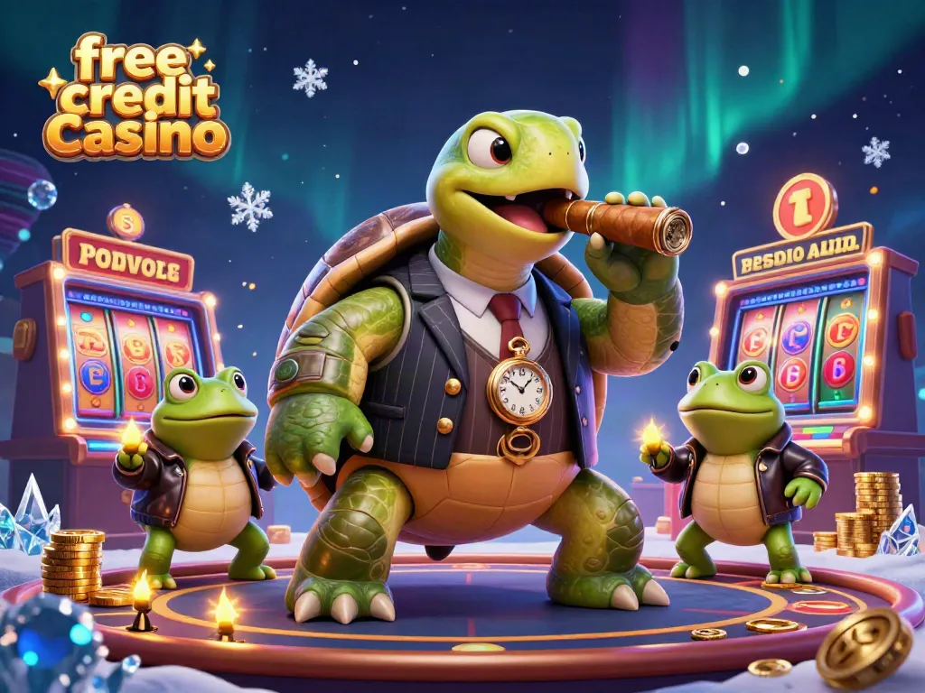 Experience the excitement of a free credit casino with a snapping turtle and bullfrogs in a vibrant 3D illustration.