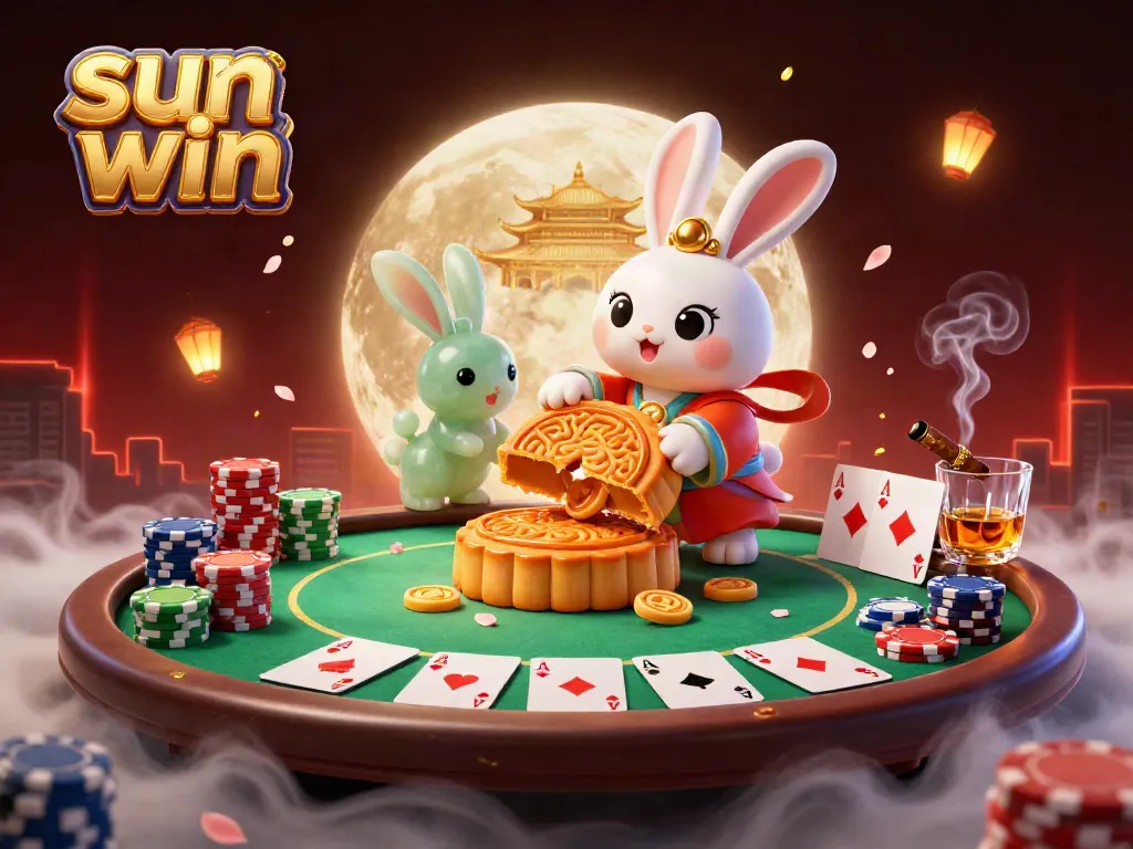 Engage with sun win as a moon rabbit reveals poker chips from mooncakes amidst a vibrant casino atmosphere.