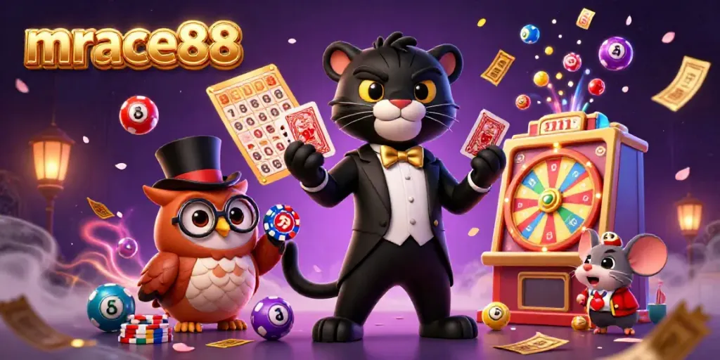 Experience the vibrant mrace88 casino scene with a stylish black panther dealer, interactive game elements, and dynamic visuals.
