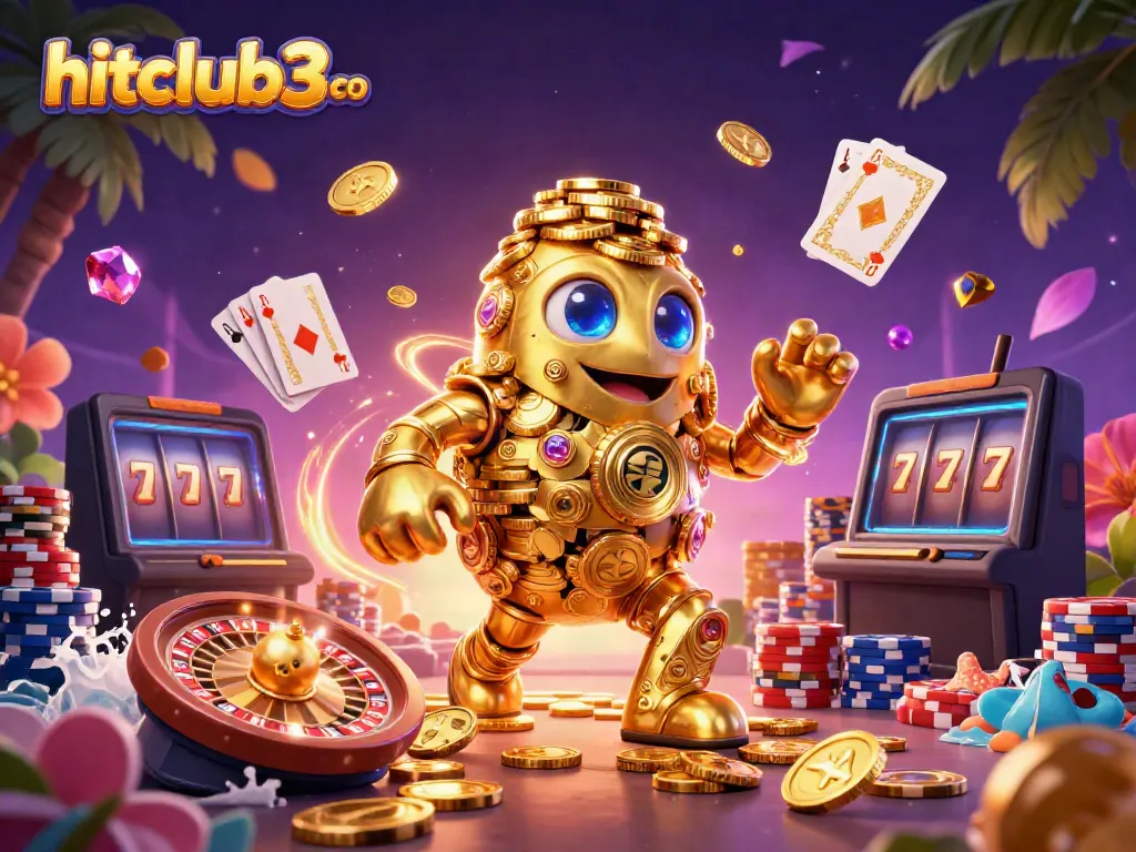 Join the excitement with hitclub3 co, featuring slot machines, golden golem, and vibrant casino elements.