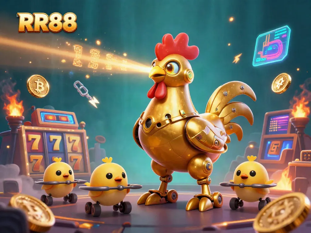 Experience RR88 with a vibrant golden rooster robot and baby chick drones amidst casino symbols and cryptocurrency elements.