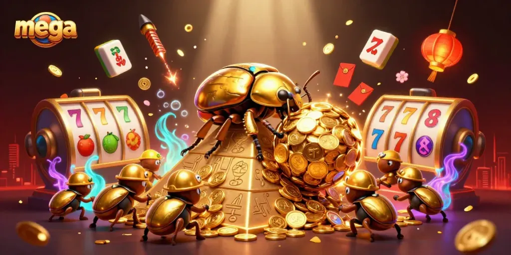 Mega casino adventure with a golden beetle and slot machine symbols in a vibrant scene