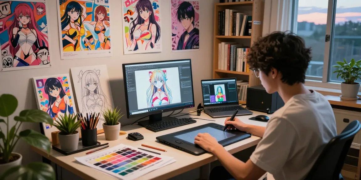 Creating ecchi art with AI tools in a vibrant artist studio setting