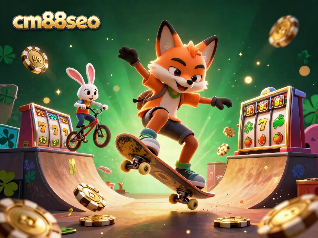 Experience the excitement of cm88seo with a dynamic 3D illustration of casino-themed characters and elements.