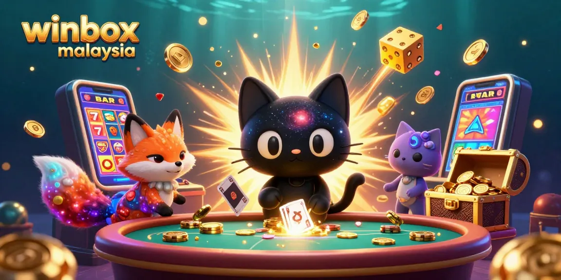 Winbox Malaysia showcases an exciting cosmic casino scene featuring a black hole cat and vibrant fox, engaging players.