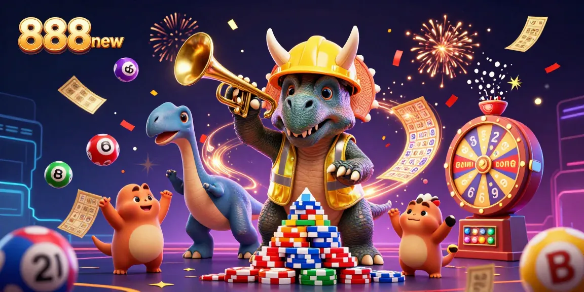 Join the celebration at 888new with lively characters building a poker chip tower amidst vibrant casino elements.