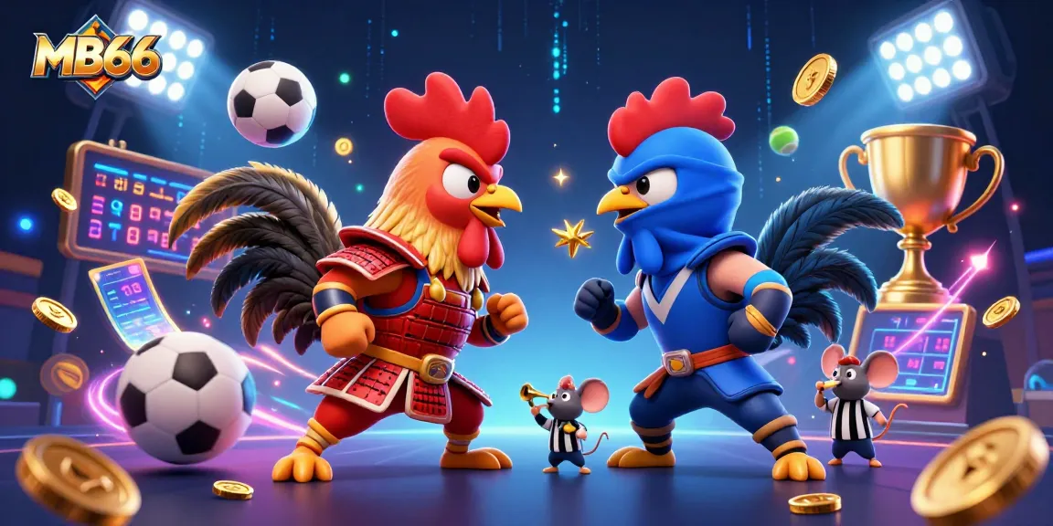 Experience thrilling cockfighting action at MB66 with vibrant 3D cartoon roosters and immersive game elements.