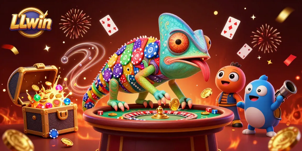 Engage in thrilling games at LLwin with the massive chameleon owner enjoying casino action and colorful treasure!