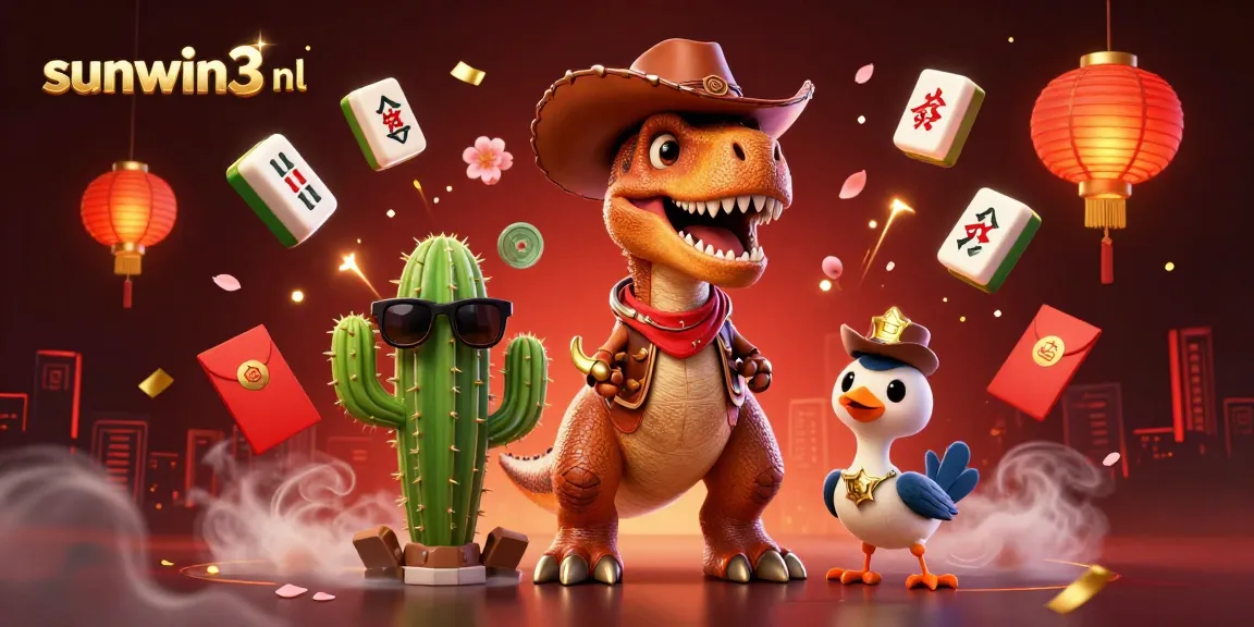 Engage with sunwin3 nl in a vibrant 3D casino scene showcasing T-Rex, lucky elements, and a dramatic atmosphere.