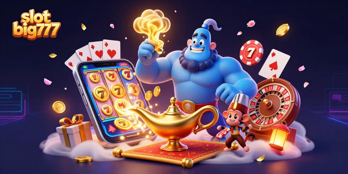 Experience the excitement of slot big777 with a detailed casino scene featuring a giant genie and vibrant gaming elements.
