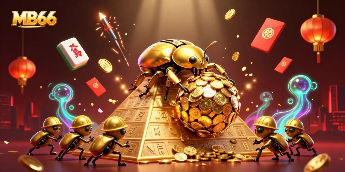 Experience thrilling gameplay at MB66 with a golden beetle and casino symbols amidst festive fireworks.