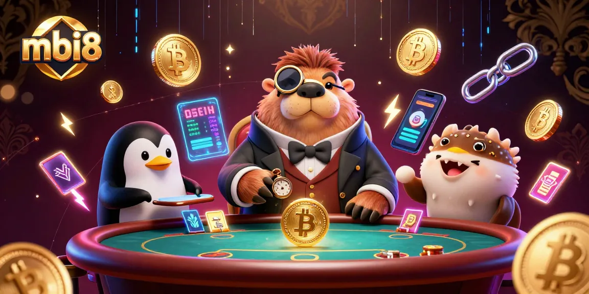 mbi8 casino scene with a jolly walrus and bluffing pufferfish at a dynamic poker table