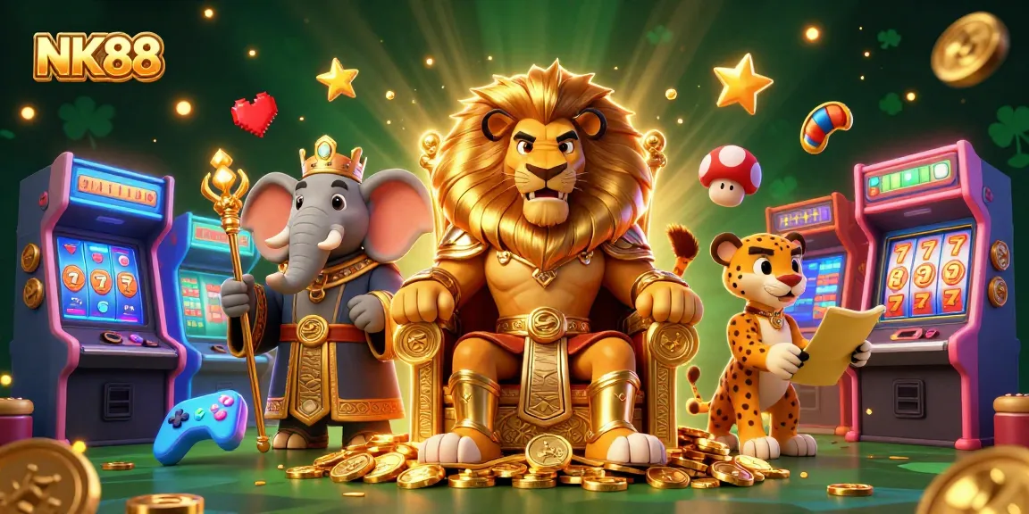 Win big with NK88 at this vibrant casino-themed 3D illustration featuring gaming action and royal characters.