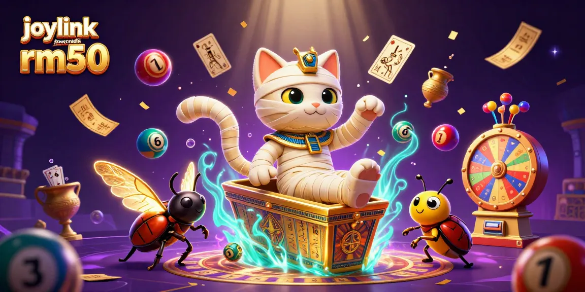 Engage with joylink free credit rm50 as the Egyptian mummy cat and golden beetle bring luck in this casino-themed 3D illustration.