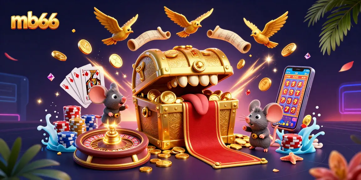 Experience the thrill of mb66 gaming with a vibrant 3D casino illustration featuring lucky treasures and dynamic game elements.